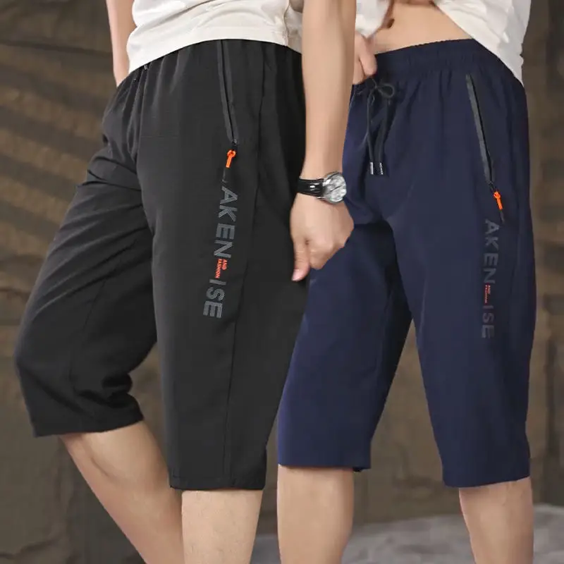Men Ice Silk Cropped Shorts Zipper Pocket Black Blue — feature 8