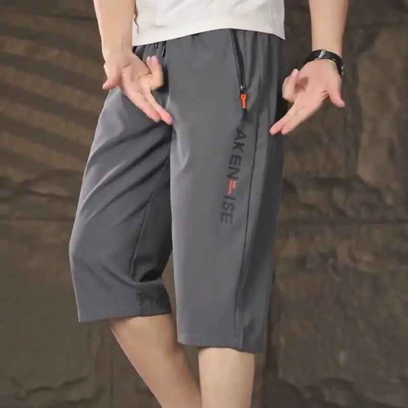 Men Ice Silk Cropped Shorts Zipper Pocket Black Blue