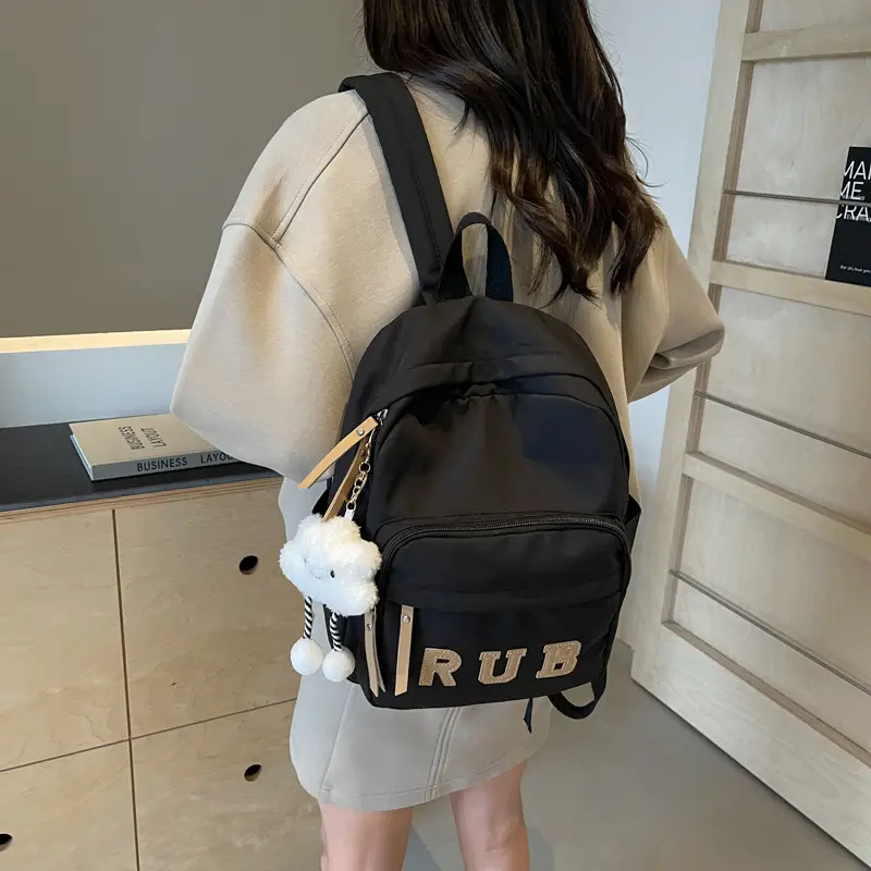 Mori Ins Style Black Letter Backpack with Pom Pom - Image 10
