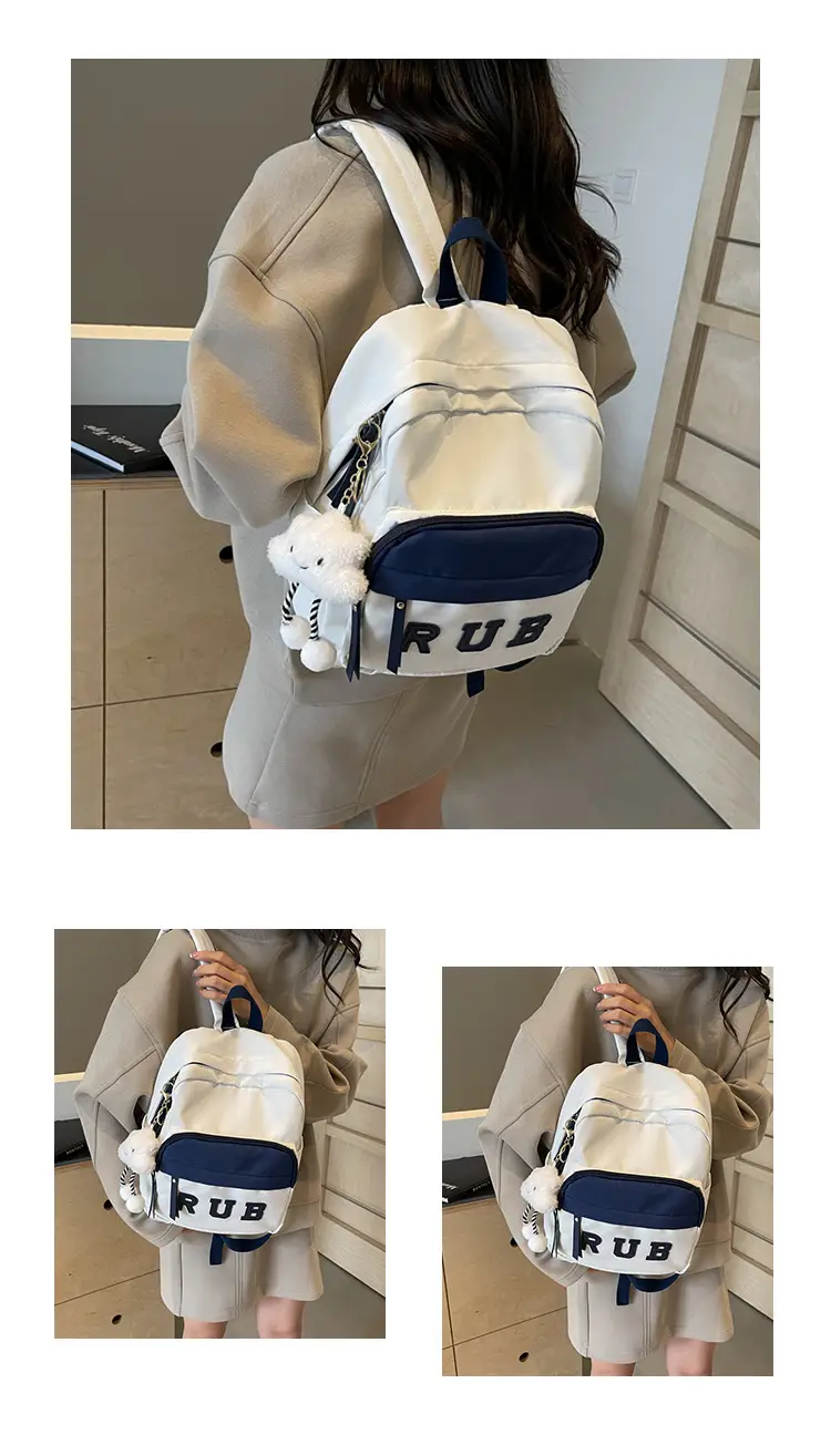 Mori Ins Style Black Letter Backpack with Pom Pom — feature 13