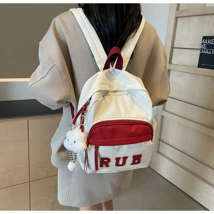 Mori Ins Style Black Letter Backpack with Pom Pom — feature 31