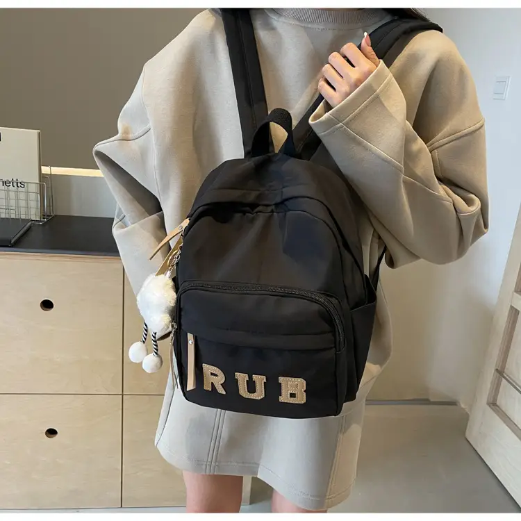 Mori Ins Style Black Letter Backpack with Pom Pom — feature 33