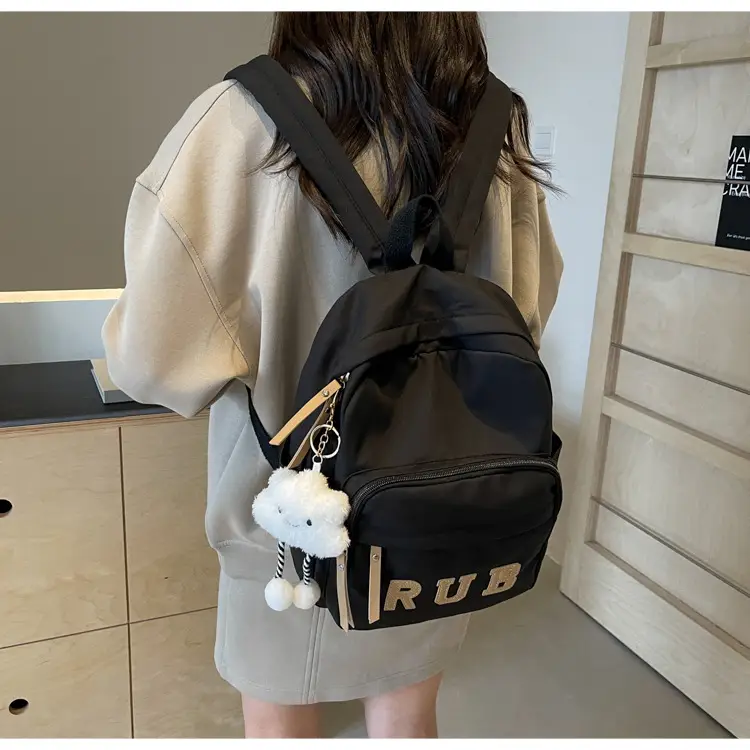 Mori Ins Style Black Letter Backpack with Pom Pom — feature 34