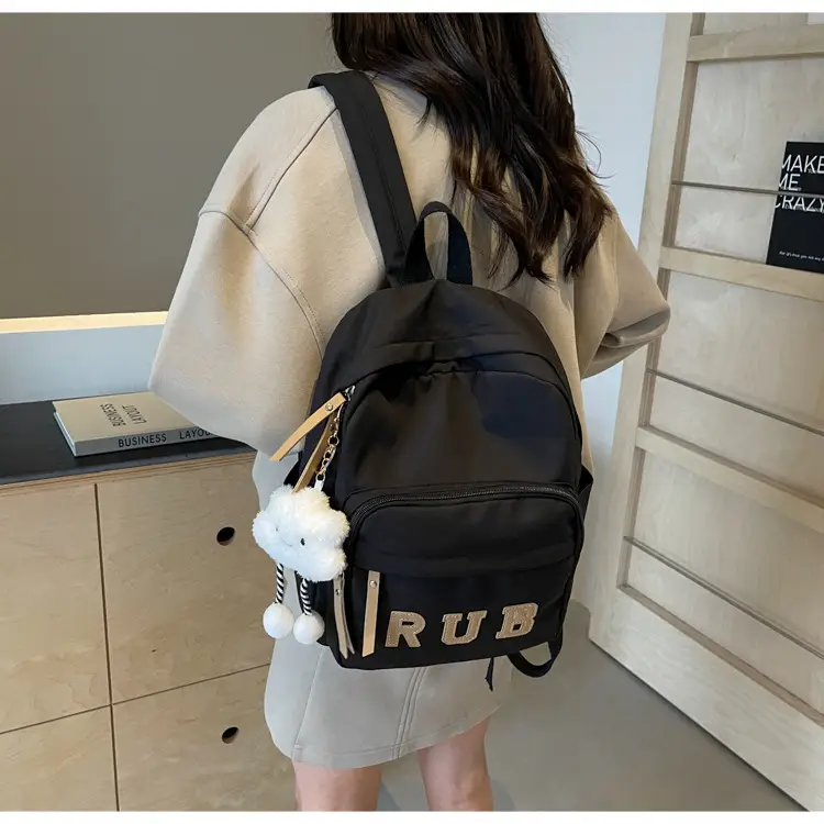Mori Ins Style Black Letter Backpack with Pom Pom — feature 35