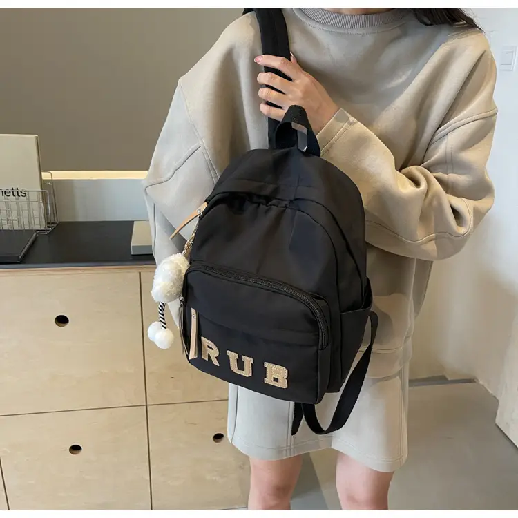 Mori Ins Style Black Letter Backpack with Pom Pom — feature 36