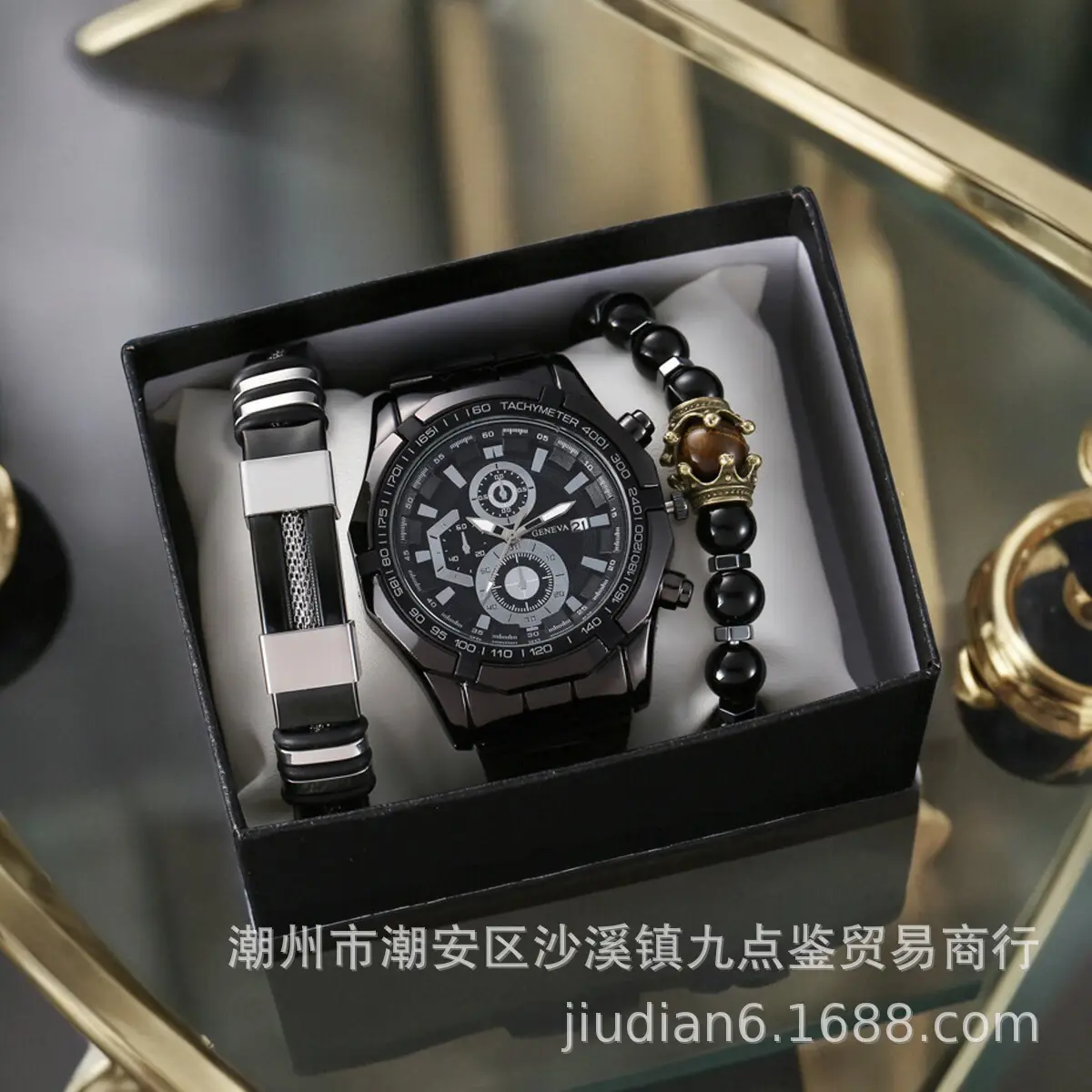 Men's Black Chronograph Wristwatch Set with Bracelet & Watchcase - Image 10