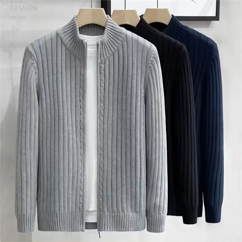 Men's Grey Knit Zipper Cardigan Sweater Winter Wear - Image 5