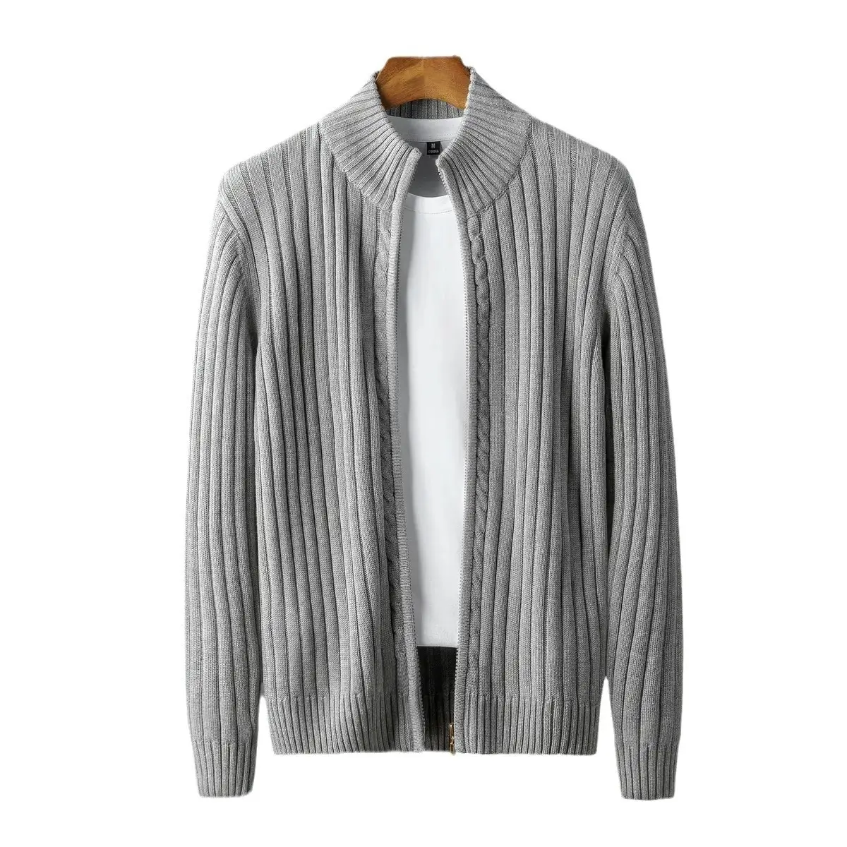 Men's Grey Knit Zipper Cardigan Sweater Winter Wear - Image 8