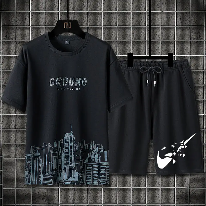 Men Ice Silk Graphic Shorts Set Black Summer - Image 20