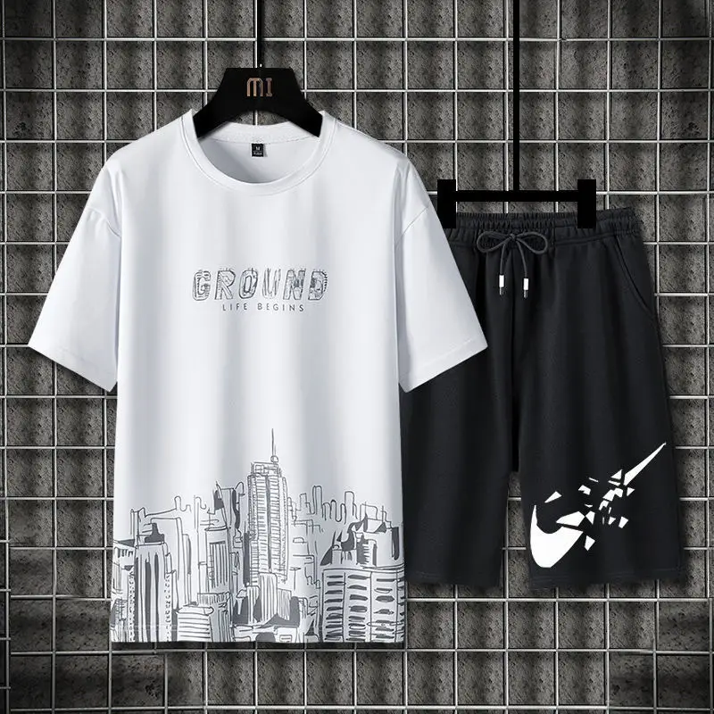 Men Ice Silk Graphic Shorts Set Black Summer - Image 21