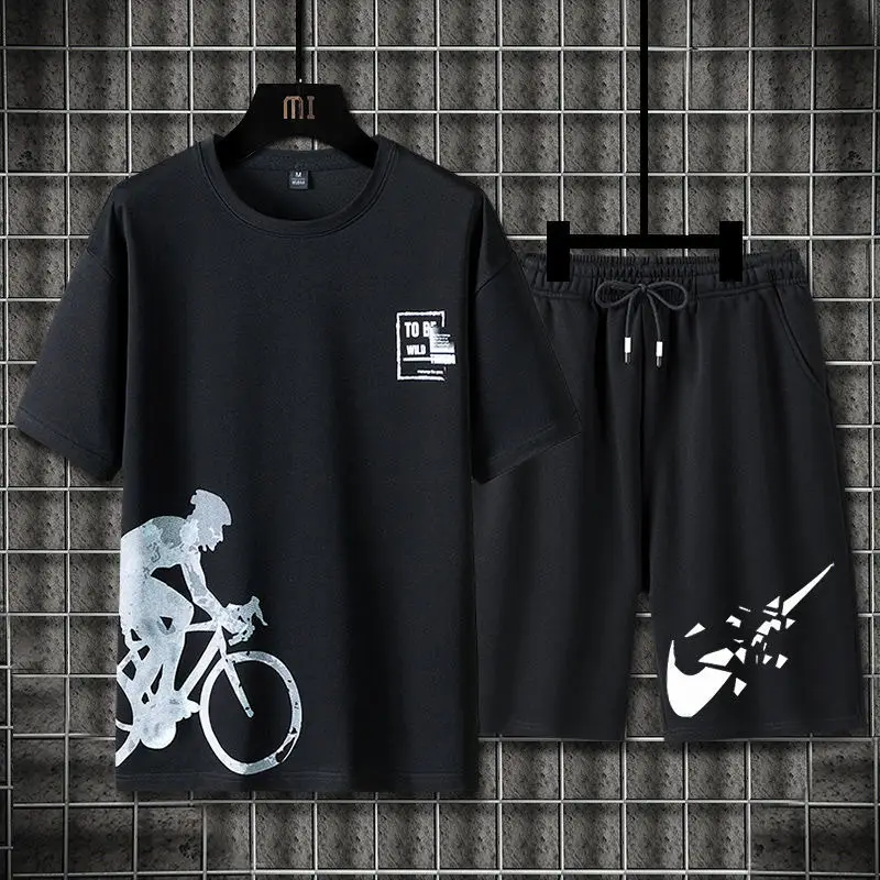 Men Ice Silk Graphic Shorts Set Black Summer — feature 4