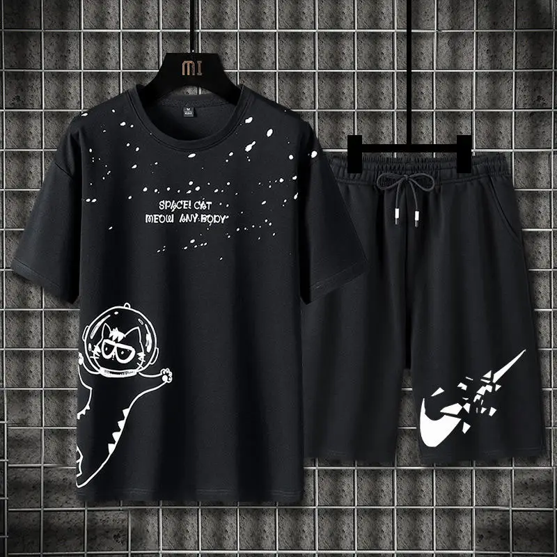 Men Ice Silk Graphic Shorts Set Black Summer — feature 5