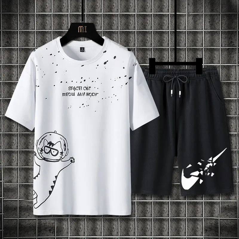 Men Ice Silk Graphic Shorts Set Black Summer — feature 6