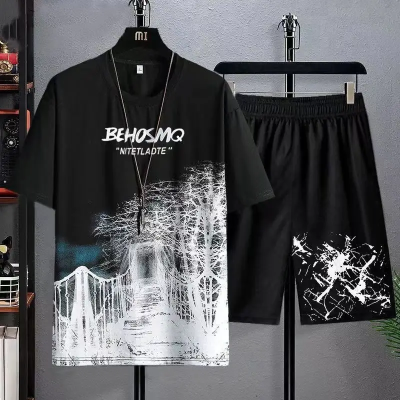 Men Ice Silk Graphic Shorts Set Black Summer - Image 10
