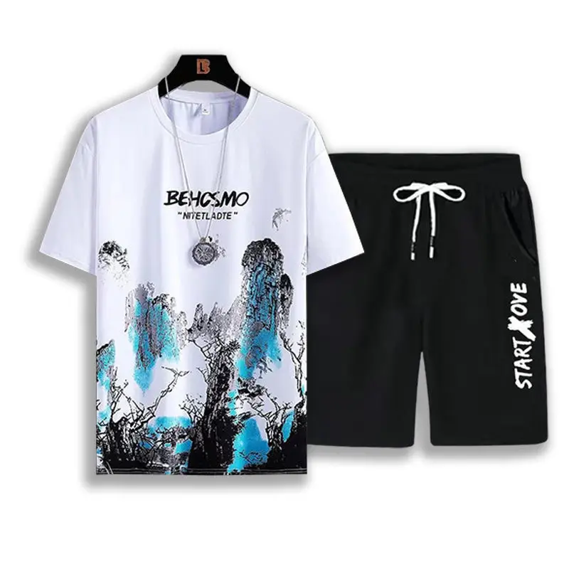 Men Ice Silk Graphic Shorts Set Black Summer - Image 14