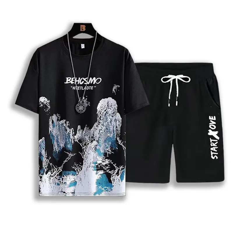 Men Ice Silk Graphic Shorts Set Black Summer - Image 15