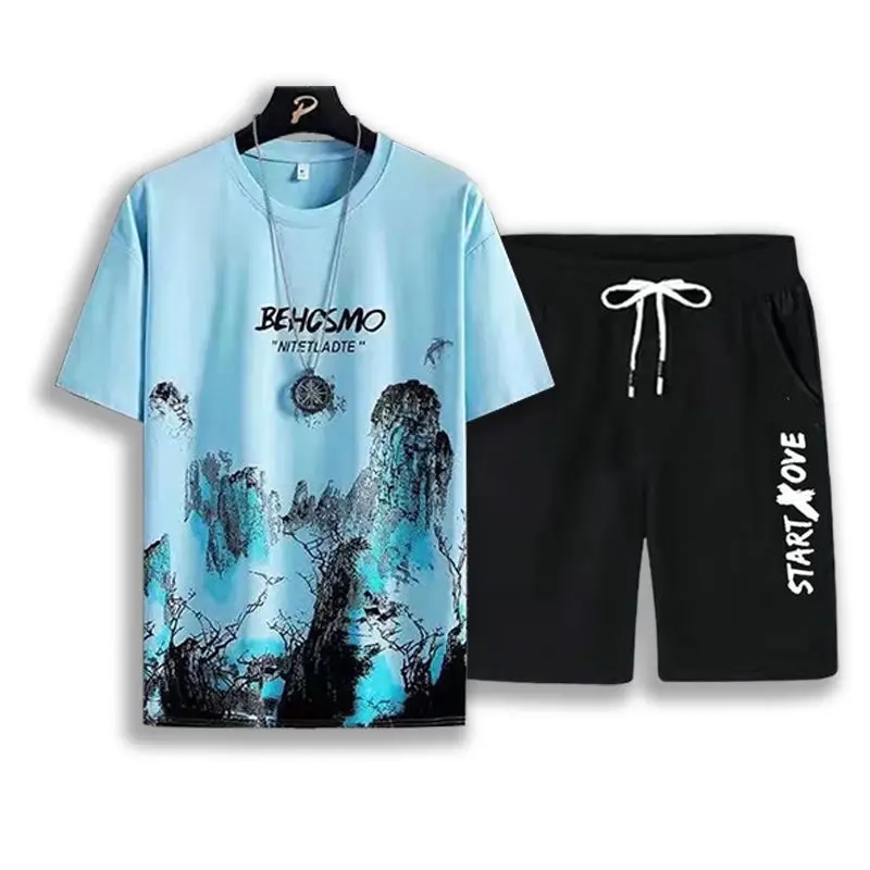 Men Ice Silk Graphic Shorts Set Black Summer - Image 16