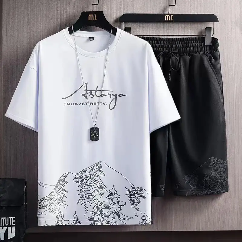 Men Ice Silk Graphic Shorts Set Black Summer - Image 19