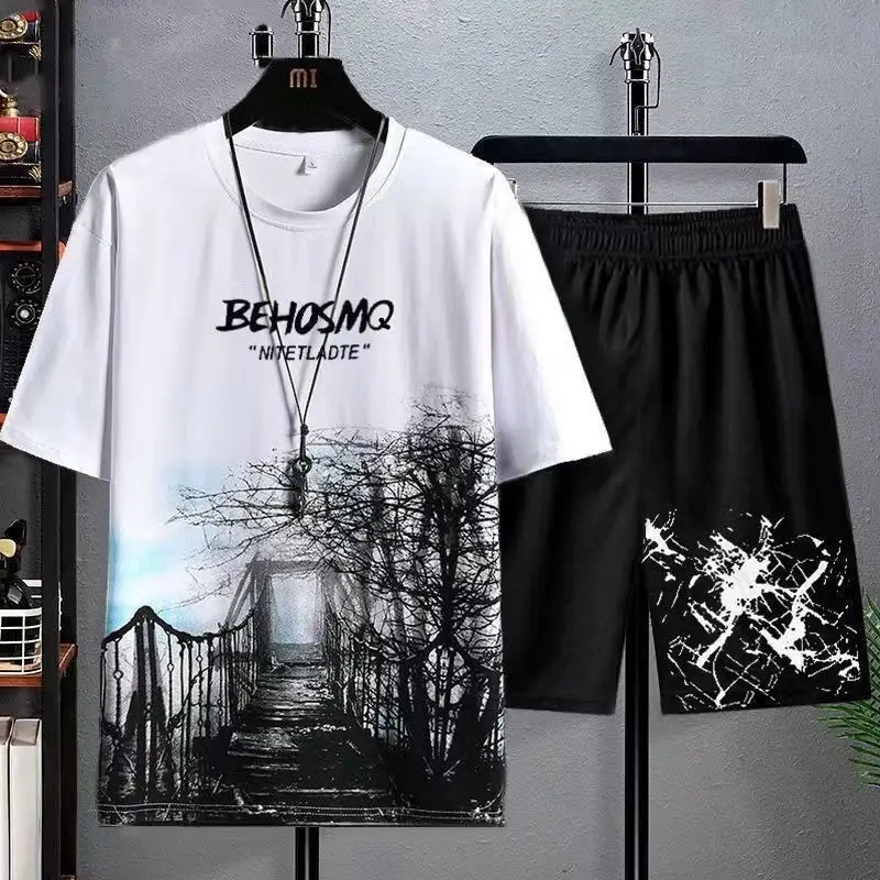 Men Ice Silk Graphic Shorts Set Black Summer - Image 9