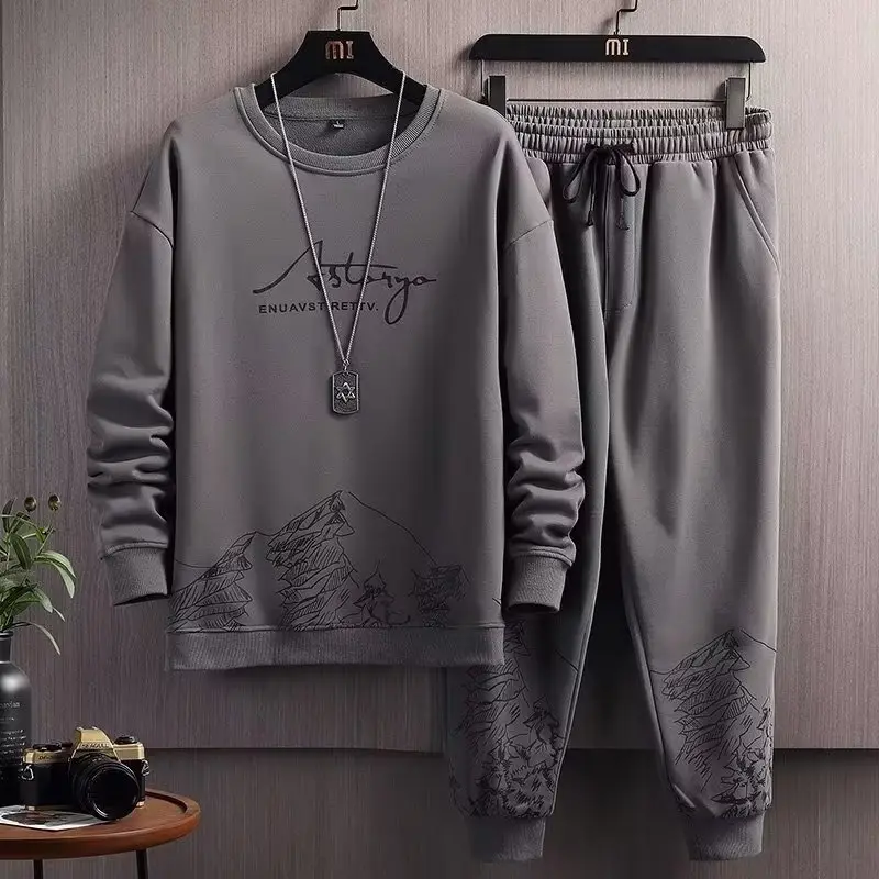 Men's White Mountain Print Sweatpants Set Spring Autumn Loose Fit