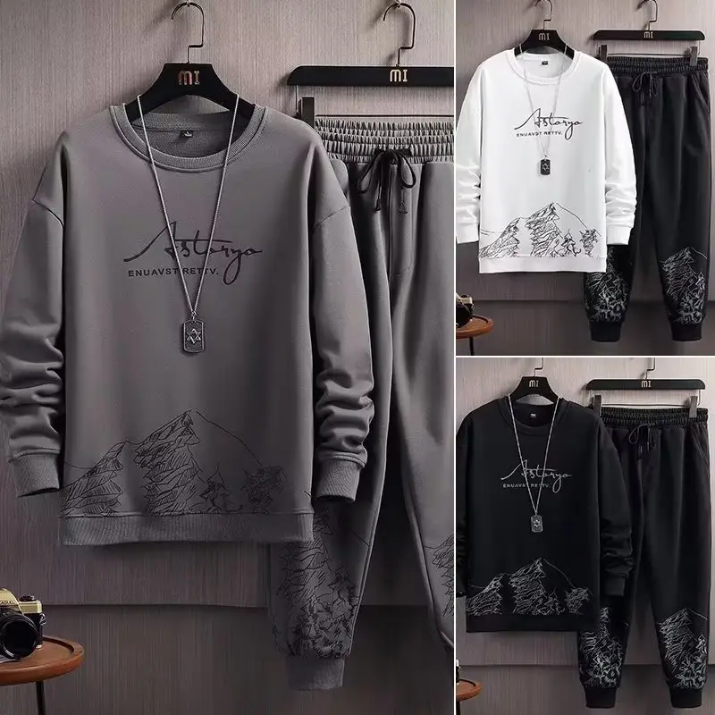 Men's White Mountain Print Sweatpants Set Spring Autumn Loose Fit — feature 1