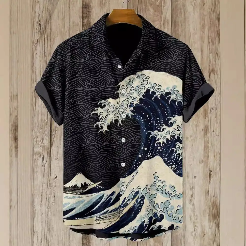 Men's 3D Printed Blue Shirt with Japanese Wave Design - Image 7