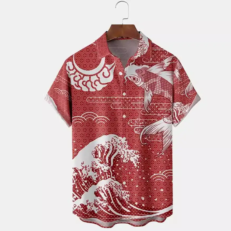 Men's 3D Printed Blue Shirt with Japanese Wave Design - Image 8