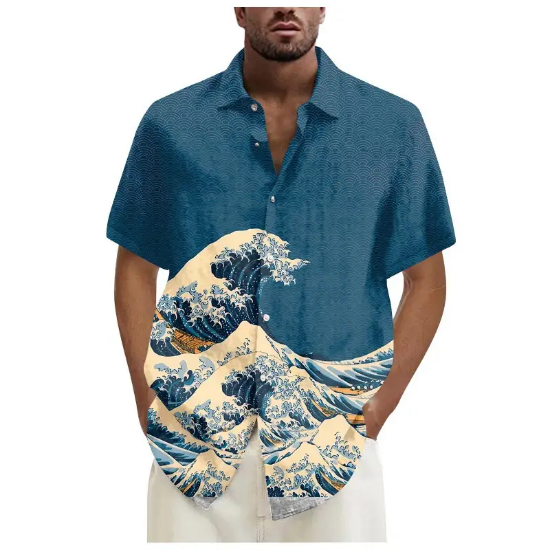 Men's 3D Printed Blue Shirt with Japanese Wave Design - Image 9