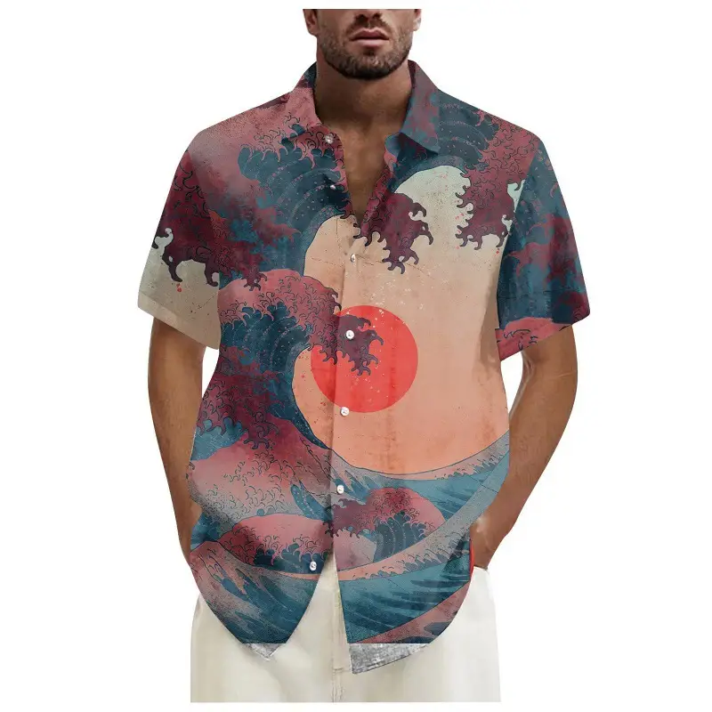 Men's 3D Printed Blue Shirt with Japanese Wave Design — feature 5
