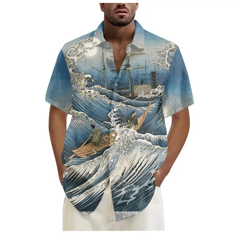 Men's 3D Printed Blue Shirt with Japanese Wave Design - Image 3