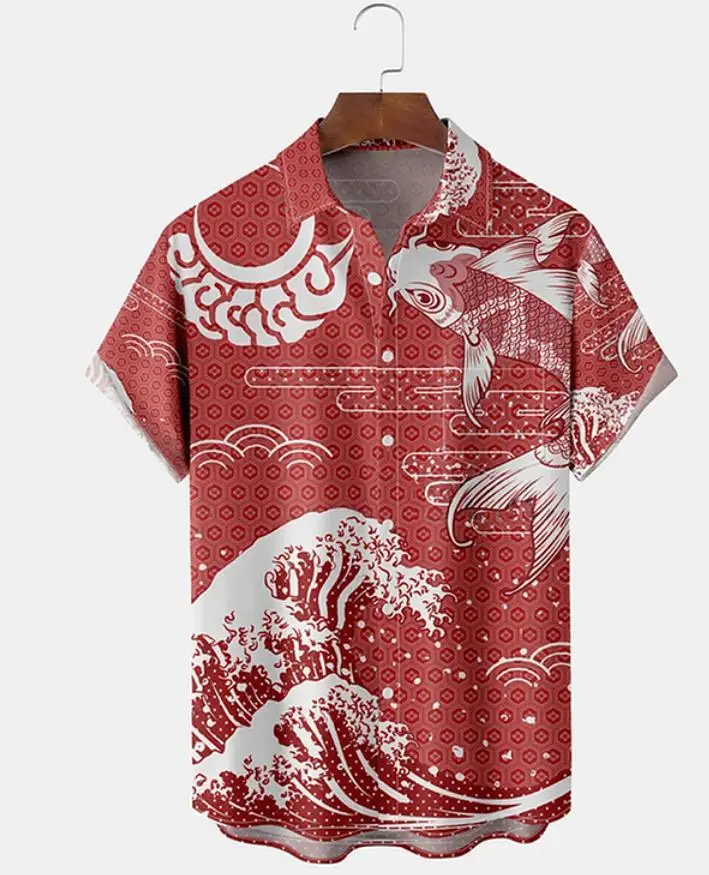 Men's 3D Printed Blue Shirt with Japanese Wave Design - Image 4
