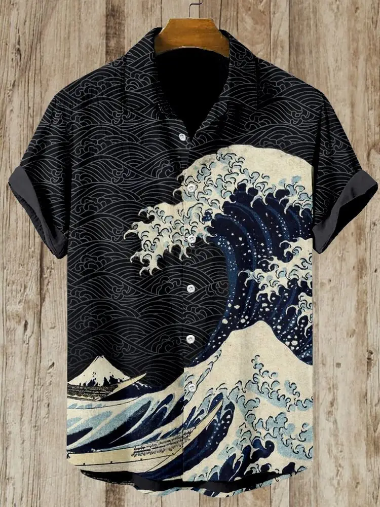 Men's 3D Printed Blue Shirt with Japanese Wave Design - Image 5