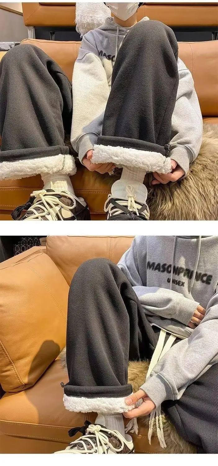 Women Velvet Thickened Pants Large Loose Straight Wide-leg Casual Warm Sweatpants — feature 14