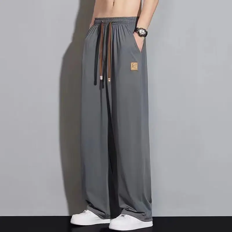 Black Ice Silk Casual Pants with Elastic Waist