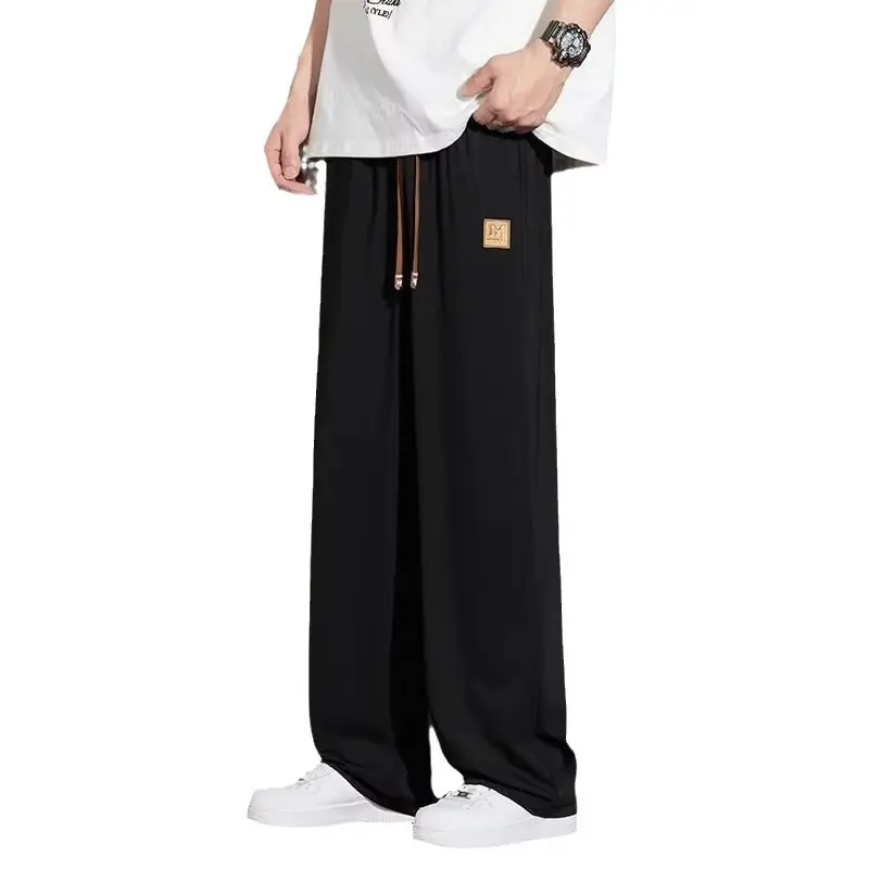 Black Ice Silk Casual Pants with Elastic Waist