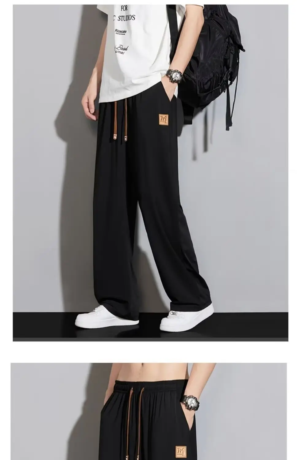 Black Ice Silk Casual Pants with Elastic Waist — feature 12