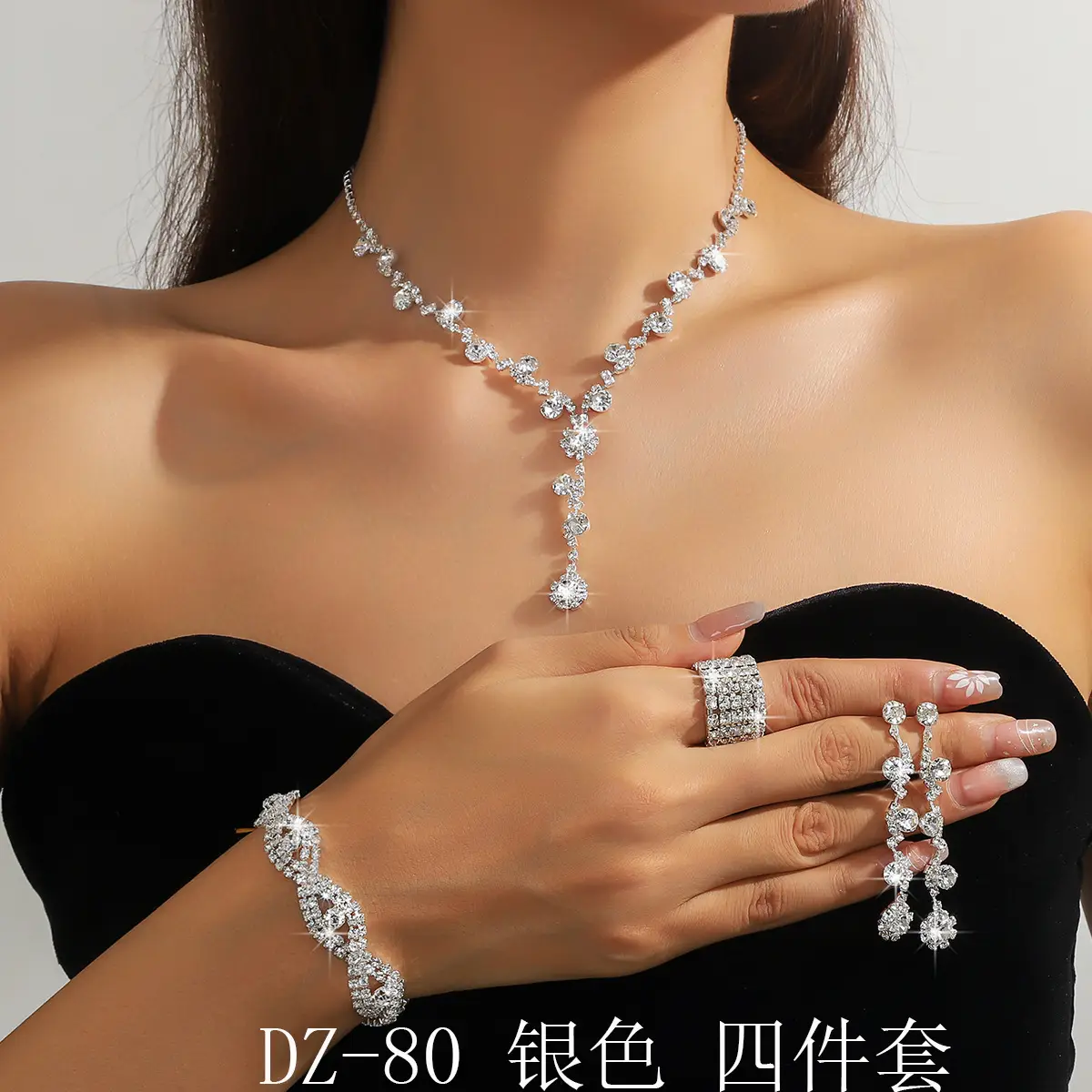 Full Diamond Necklace Set with Earrings & Rings - Image 2