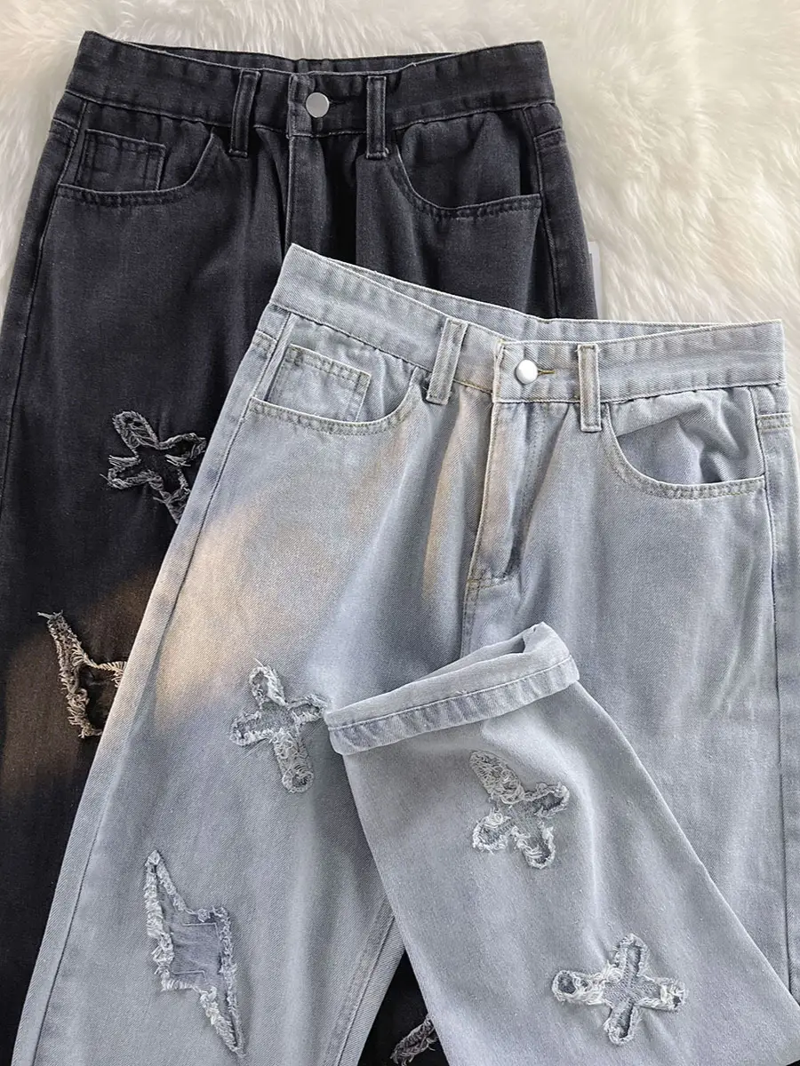 Men's Silver Patchwork Jeans Autumn Loose Pants - Image 4
