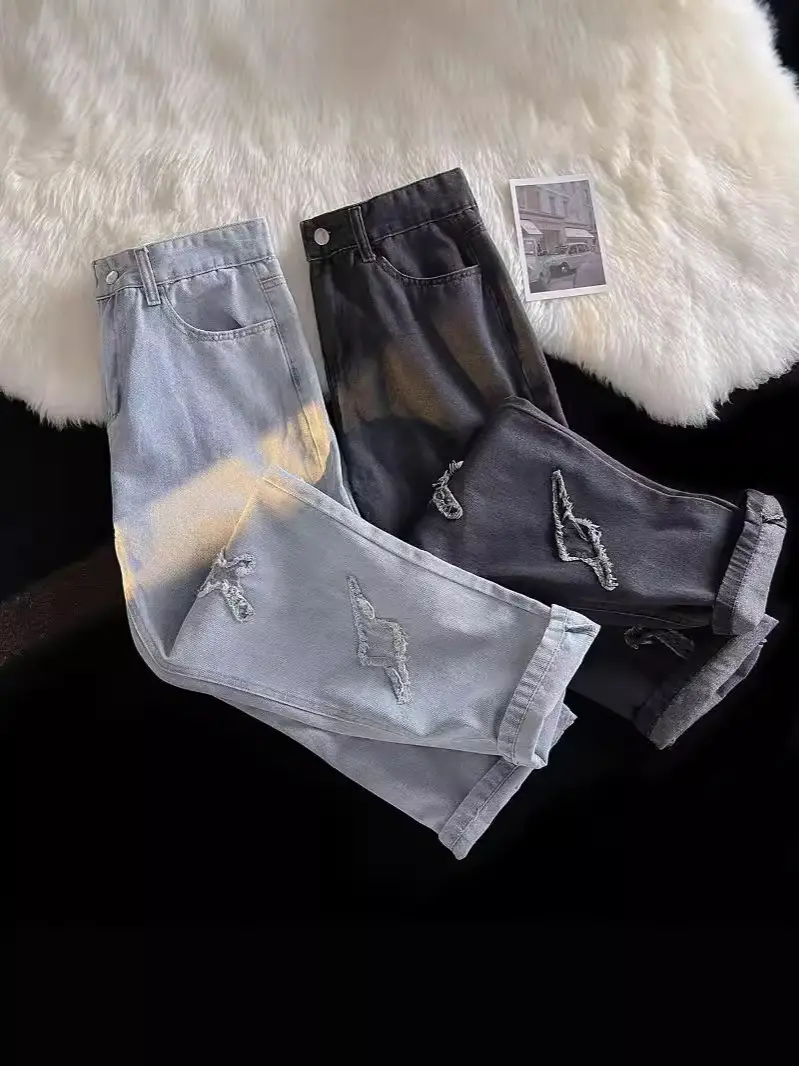 Men's Silver Patchwork Jeans Autumn Loose Pants - Image 6