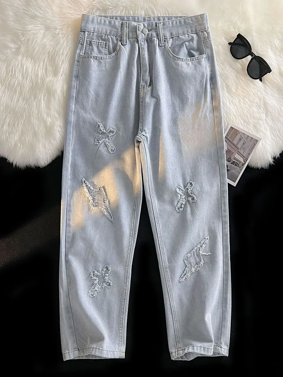 Men's Silver Patchwork Jeans Autumn Loose Pants - Image 7