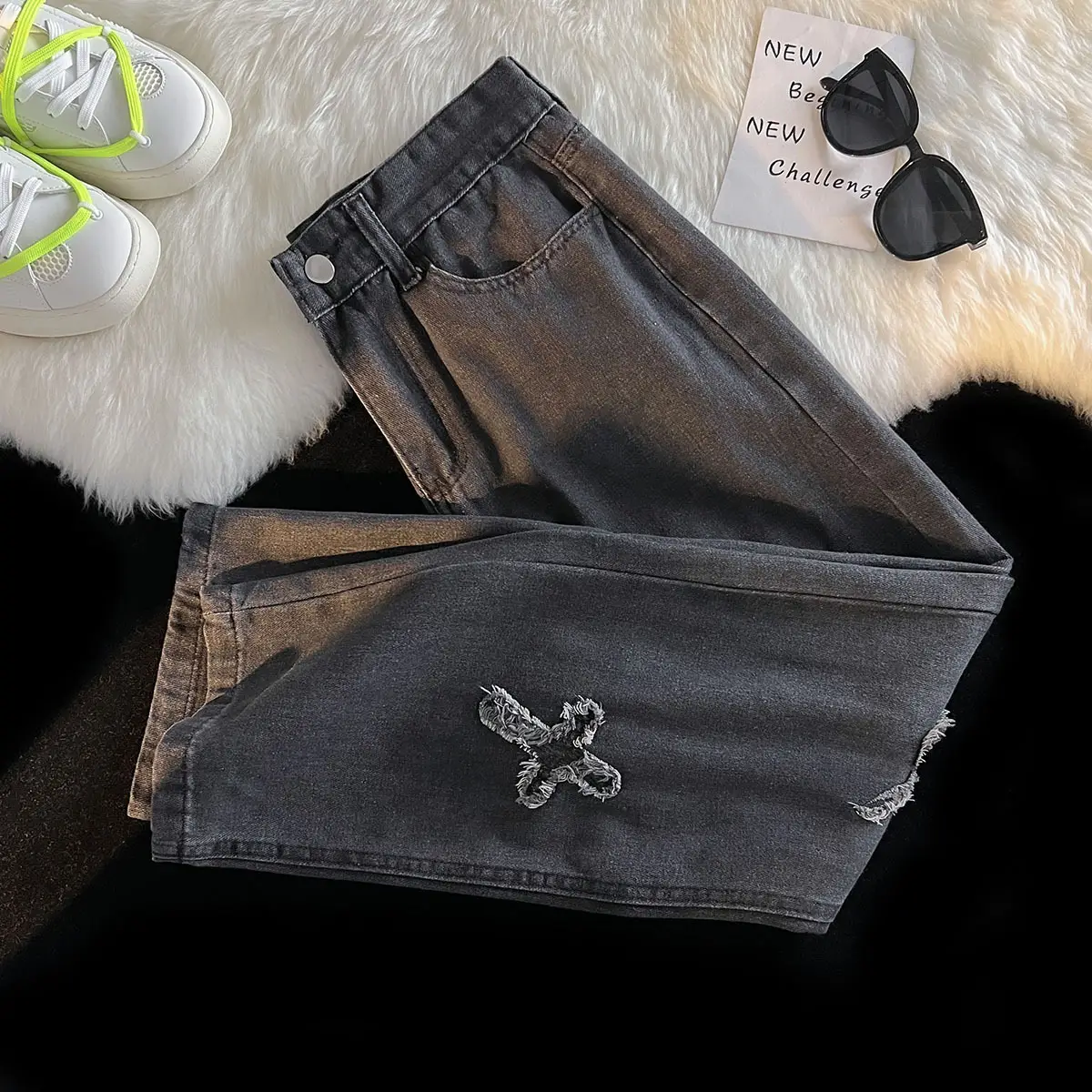 Men's Silver Patchwork Jeans Autumn Loose Pants - Image 2