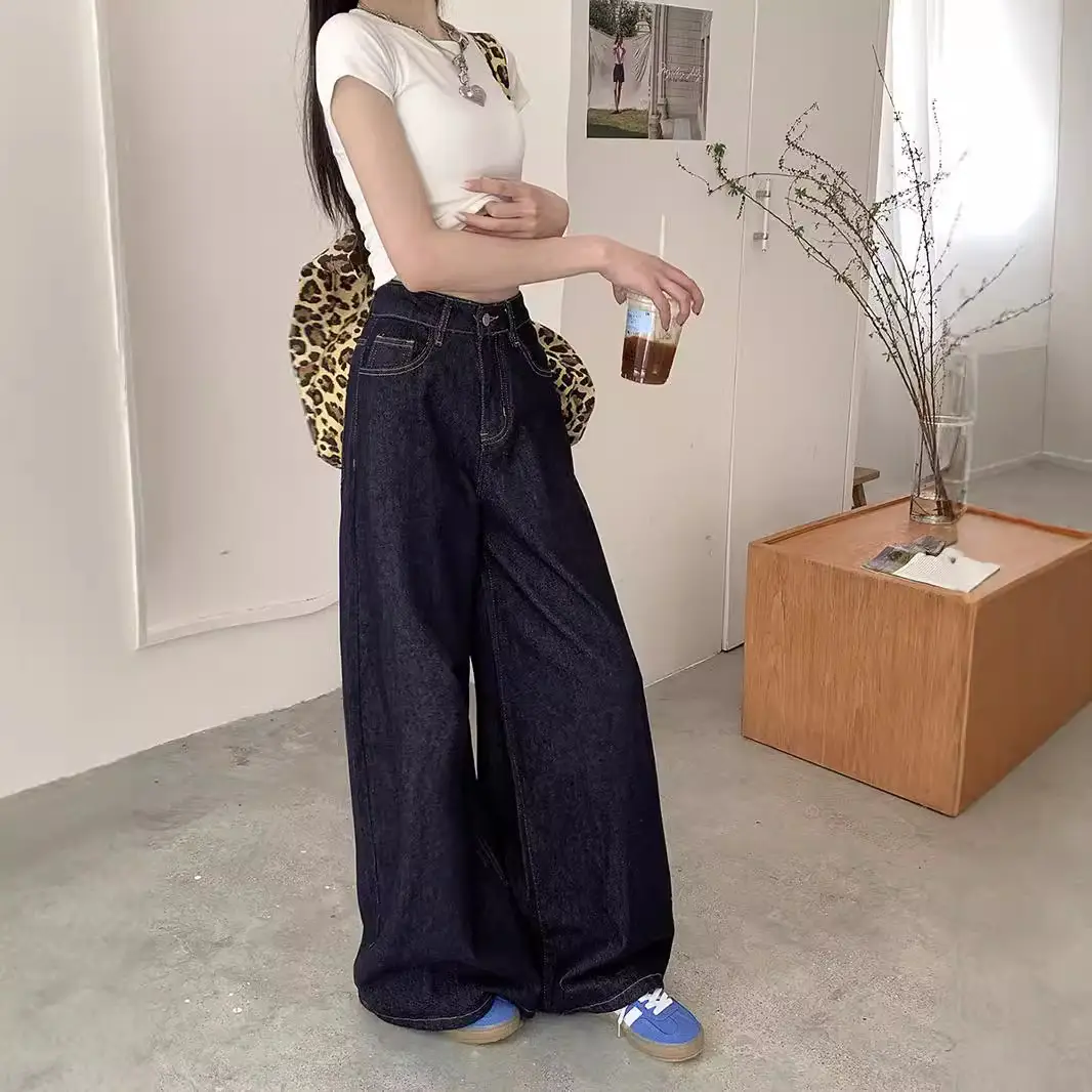 Retro Dark Blue Wide Leg Jeans Women High Waist Slimming Trousers