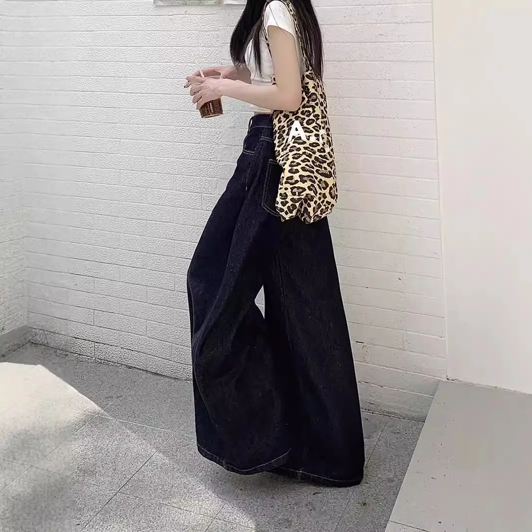 Retro Dark Blue Wide Leg Jeans Women High Waist Slimming Trousers