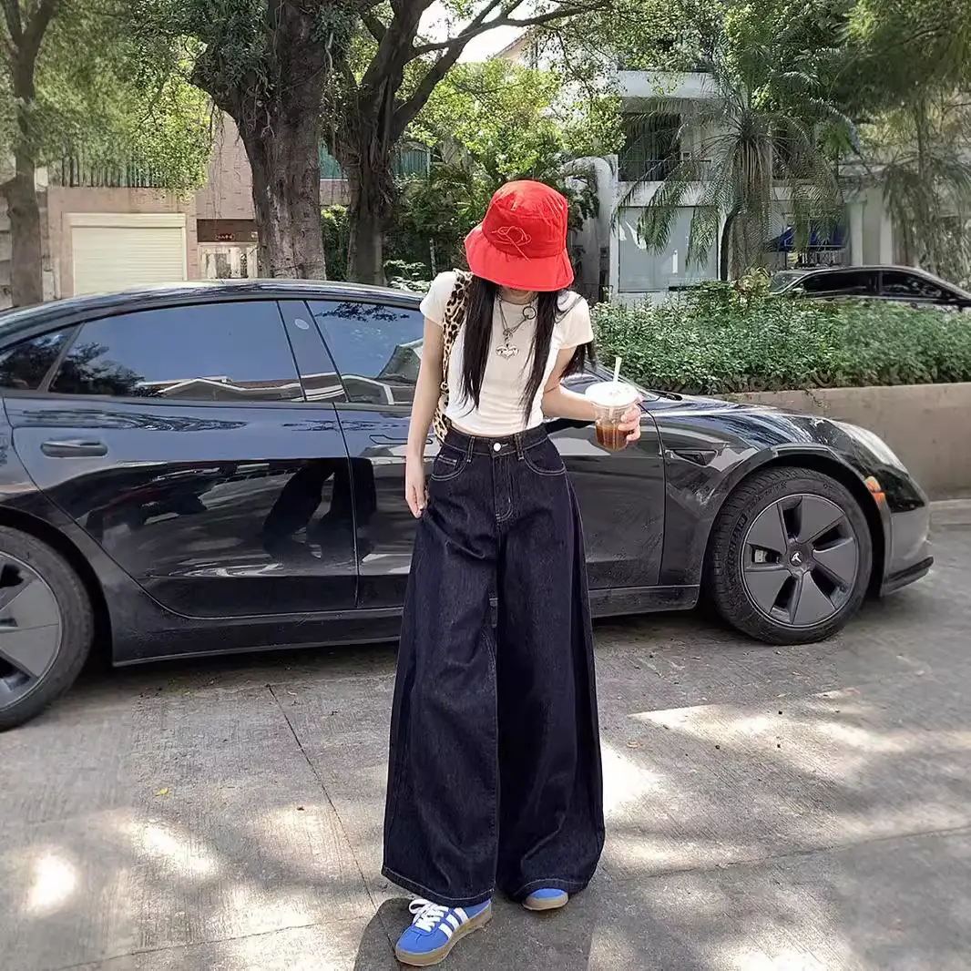 Retro Dark Blue Wide Leg Jeans Women High Waist Slimming Trousers