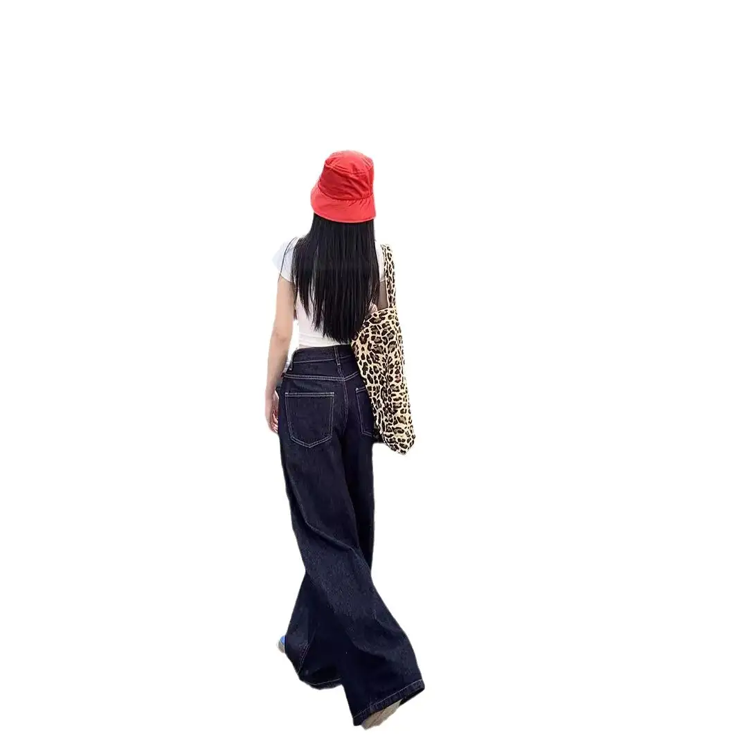 Retro Dark Blue Wide Leg Jeans Women High Waist Slimming Trousers