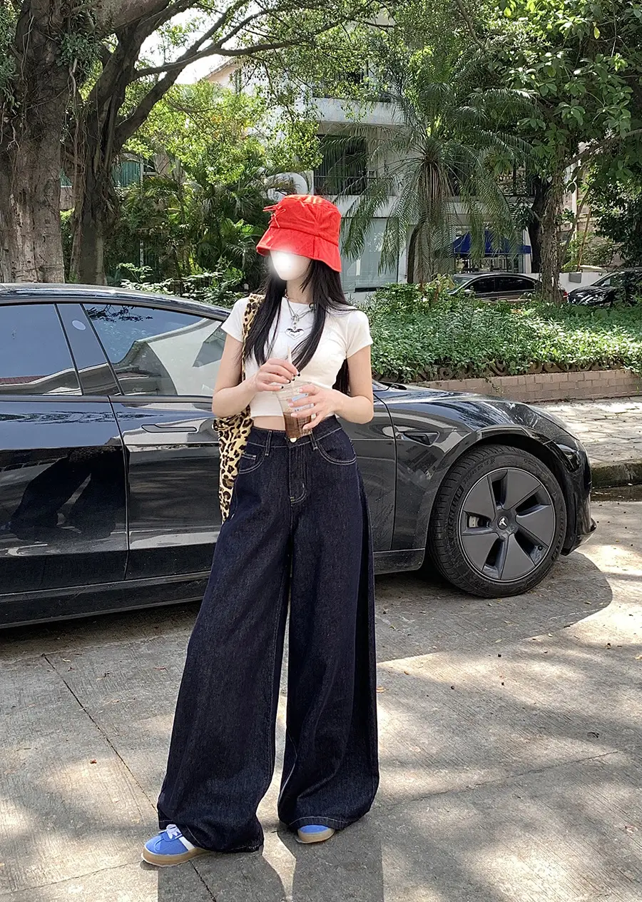 Retro Dark Blue Wide Leg Jeans Women High Waist Slimming Trousers — feature 12