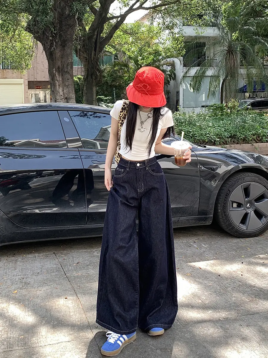 Retro Dark Blue Wide Leg Jeans Women High Waist Slimming Trousers — feature 2