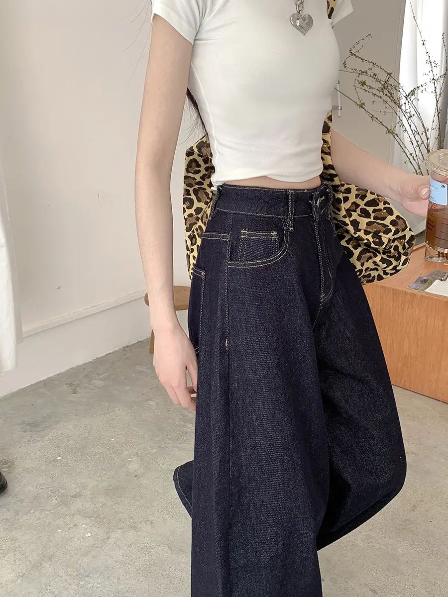 Retro Dark Blue Wide Leg Jeans Women High Waist Slimming Trousers — feature 20
