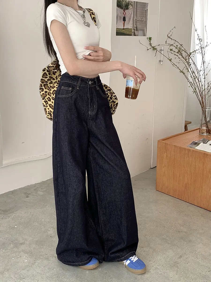 Retro Dark Blue Wide Leg Jeans Women High Waist Slimming Trousers — feature 5