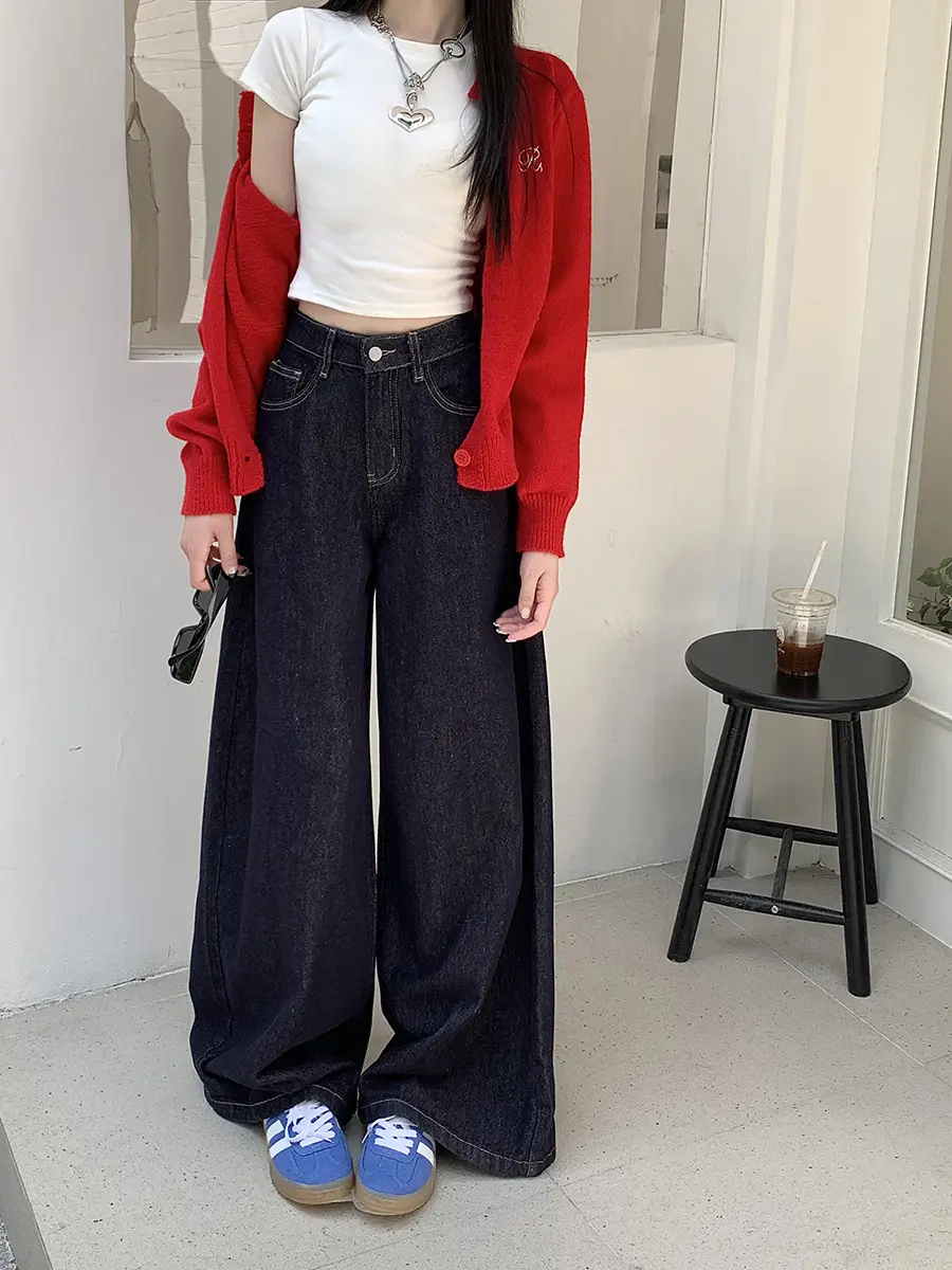 Retro Dark Blue Wide Leg Jeans Women High Waist Slimming Trousers — feature 7
